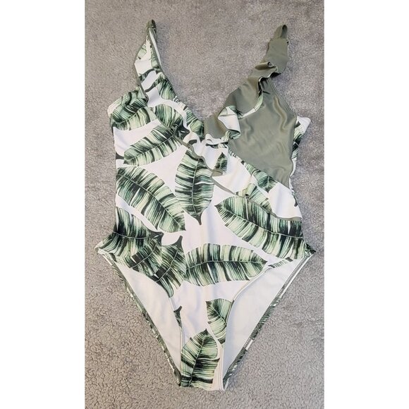 Stylish One-Piece Swimsuit with Banana Leaf Print.  Size:  XL - Picture 1 of 12